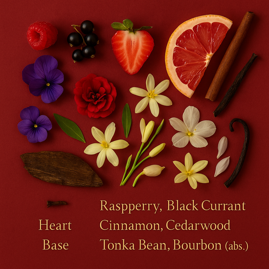 Collection of fruits, flowers, and spices on a red background with text describing their notes.