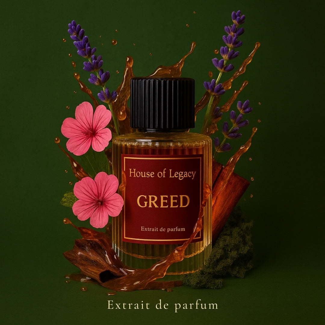 Perfume bottle labeled 'House of Legacy Greed' with floral and leaf elements on a dark green background