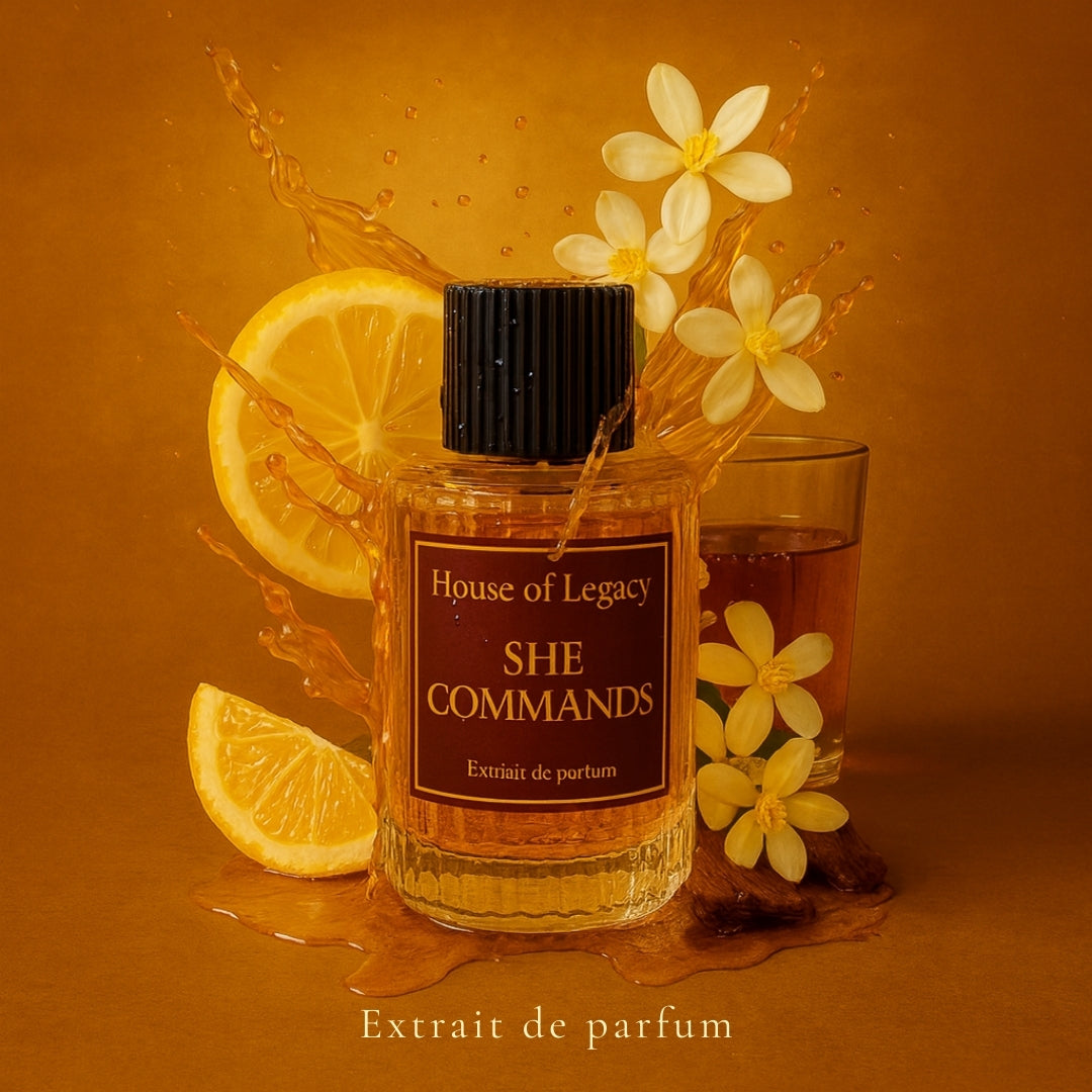 Perfume bottle labeled 'House of Legacy SHE COMMANDS' with lemon slices and flowers on an orange background