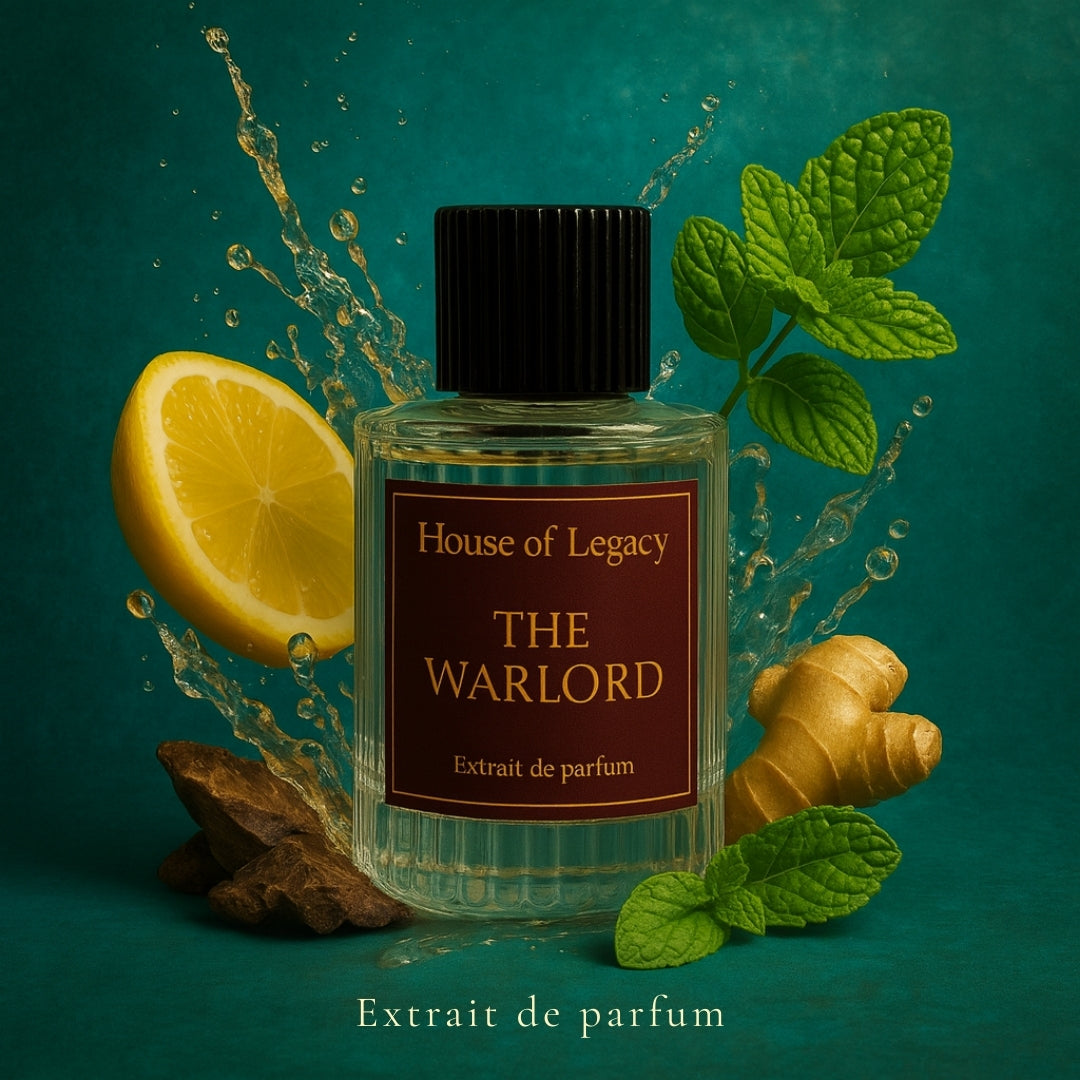 House of Legacy The Warlord perfume bottle with lemon, ginger, and mint leaves on a teal background