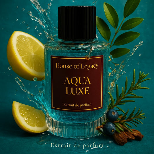 Bottle of House of Legacy Aqua Luxe perfume with lemon slices and leaves on a blue background