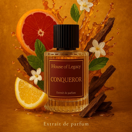 Perfume bottle labeled 'House of Legacy Conqueror' with citrus fruits and spices on an orange background