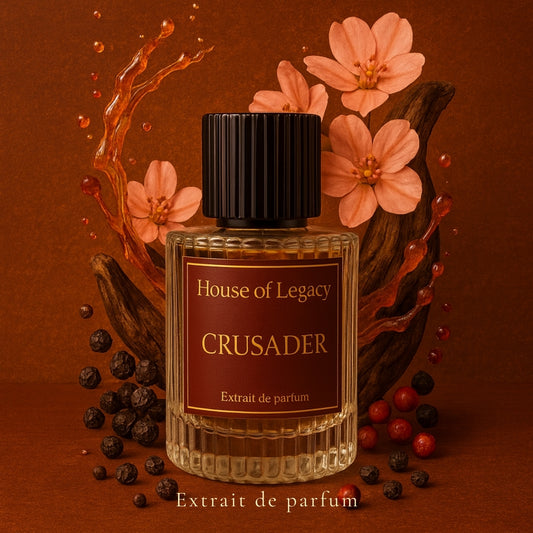 House of Legacy Crusader perfume bottle with flowers and berries on a brown background