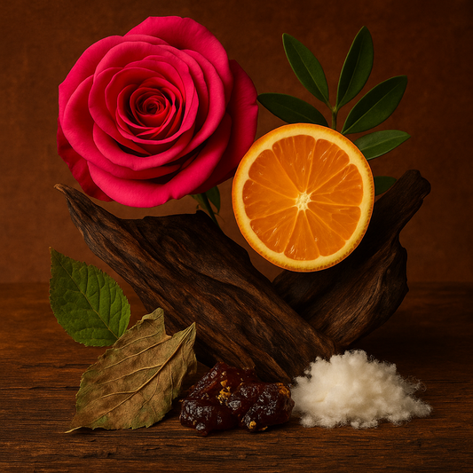 Pink rose, sliced orange, cinnamon stick, and dried leaves on a wooden surface with a brown background