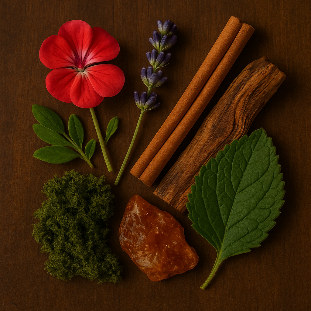 Red flower, lavender, cinnamon sticks, moss, and a leaf on a brown background
