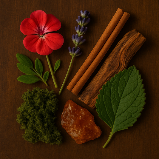 Red flower, lavender, cinnamon sticks, moss, and a leaf on a brown background