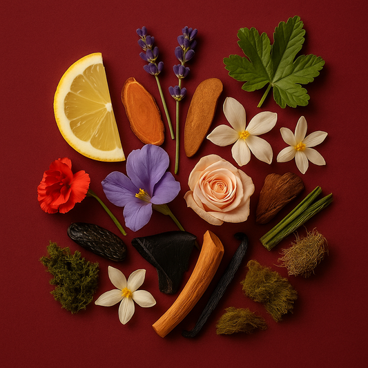 Arrangement of flowers, leaves, and fruits on a red background