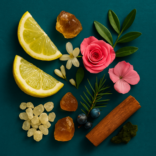 Fruits, flowers, and herbs on a dark blue background