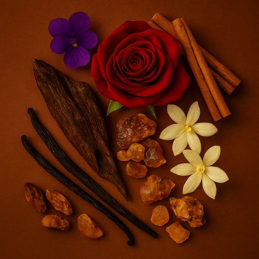 Spices and flowers including a red rose, vanilla beans, cinnamon sticks, and white flowers on a brown background.