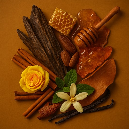 Spices and honeycomb on a brown background