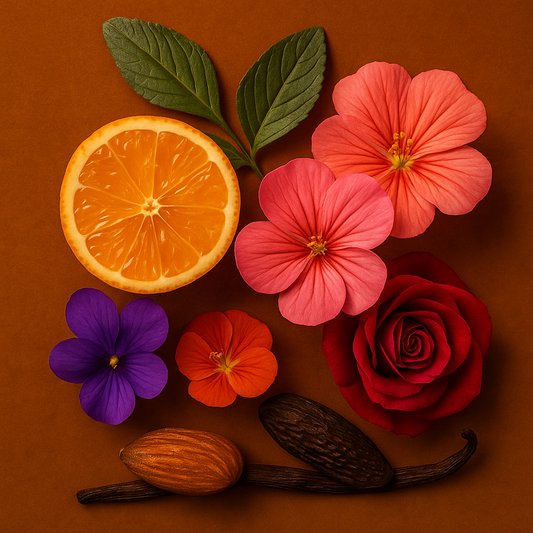 Colorful flowers and a sliced orange on a brown background