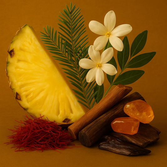 Half-cut pineapple with flowers, cinnamon sticks, and other elements on a brown background