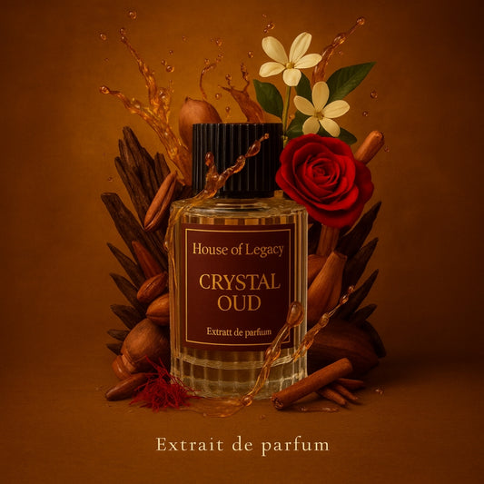Perfume bottle labeled 'House of Legacy Crystal Oud' surrounded by flowers and leaves on a brown background