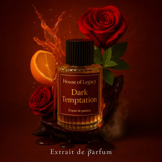 Bottle of 'Dark Temptation' perfume from House of Legacy with a red rose and orange on a dark background