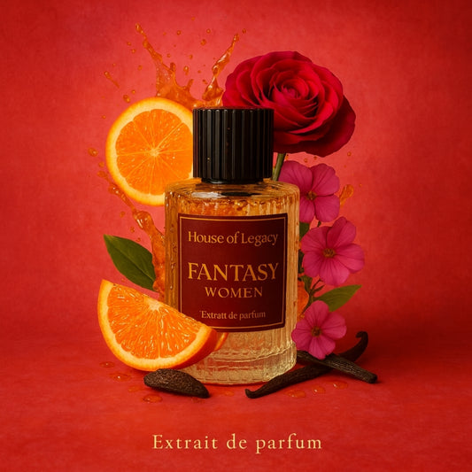 Perfume bottle labeled 'Fantasy Women' with a red rose, orange slices, and flowers on a red background.