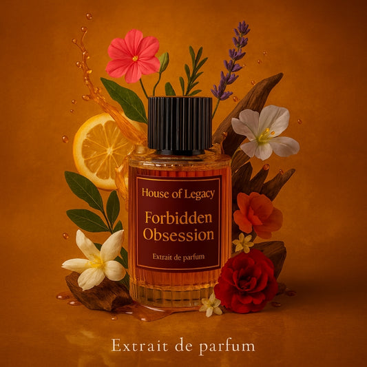 Perfume bottle labeled 'Forbidden Obsession' by House of Legacy with flowers and fruits on an orange background