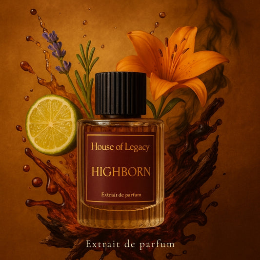 Perfume bottle labeled 'House of Legacy Highborn' with floral and citrus elements on a brown background