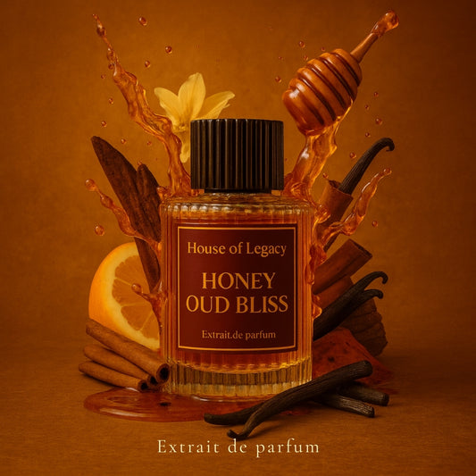 Perfume bottle labeled 'House of Legacy Honey Oud Bliss' surrounded by honeycomb, orange, and vanilla on a brown background