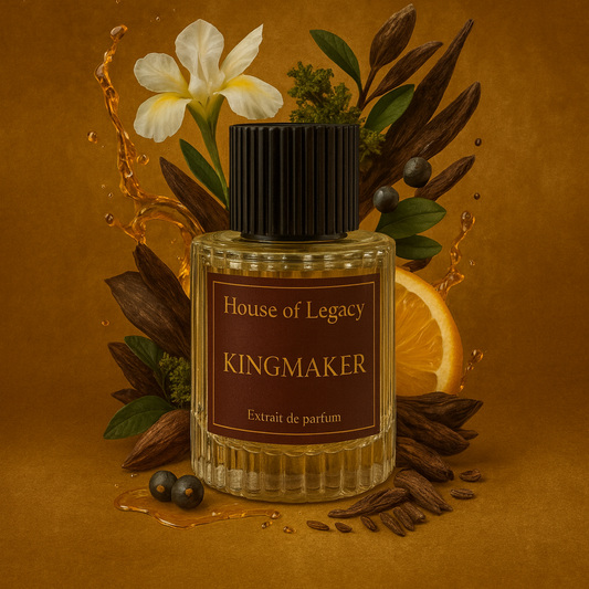 Perfume bottle labeled 'Kingmaker' from 'House of Legacy' with floral and fruit elements on a warm brown background.