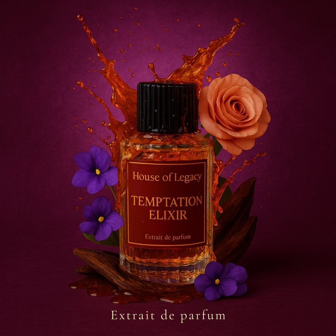 Bottle of 'House of Legacy Temptation Elixir' perfume with flowers on a purple background
