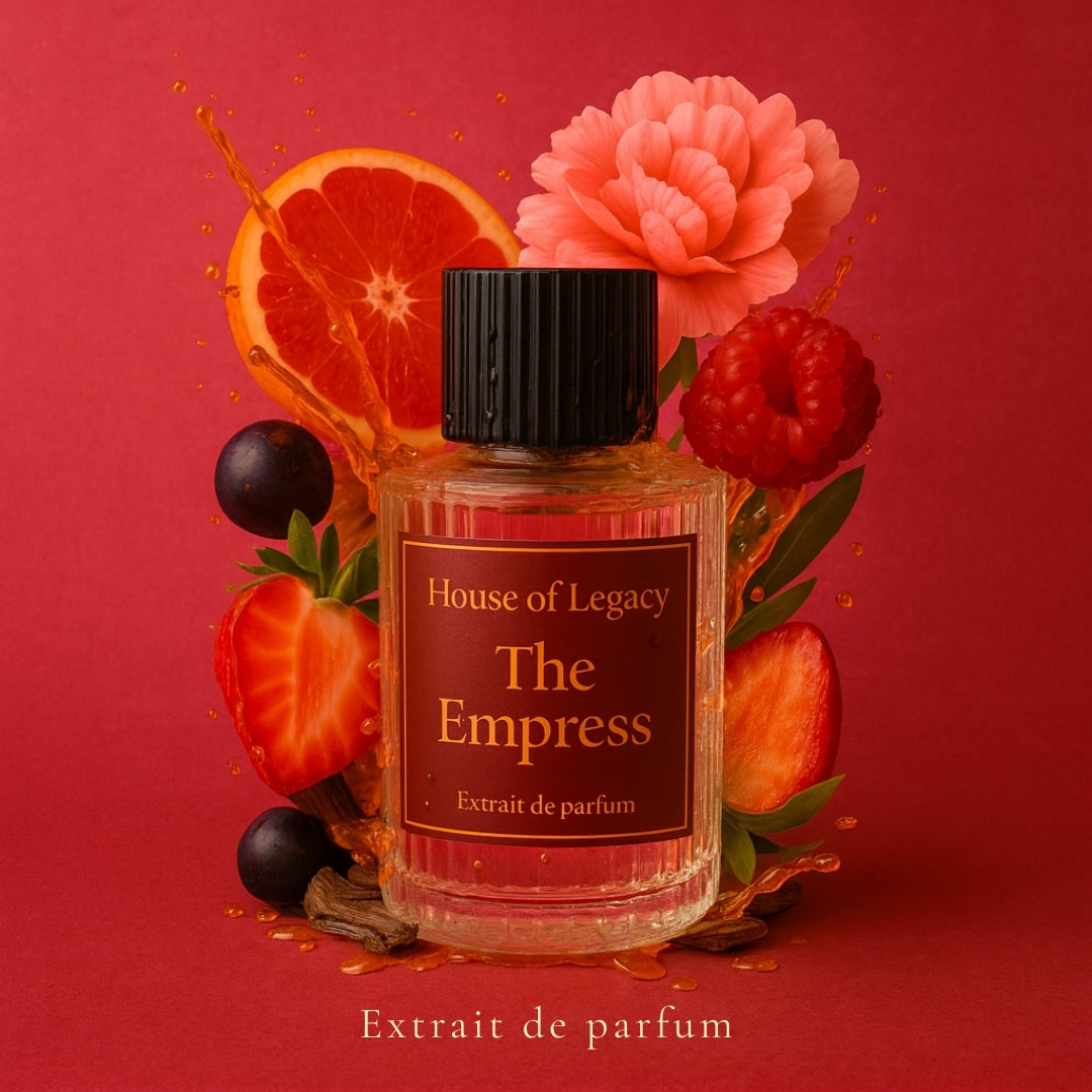 Perfume bottle labeled 'The Empress' by House of Legacy with fruits and flowers on a red background