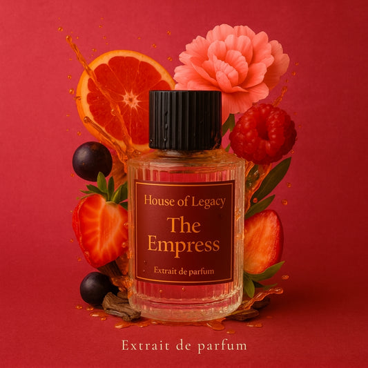 Perfume bottle labeled 'The Empress' by House of Legacy with fruits and flowers on a red background