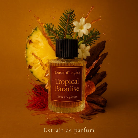 Perfume bottle labeled 'House of Legacy Tropical Paradise' with pineapple and flowers on a brown background