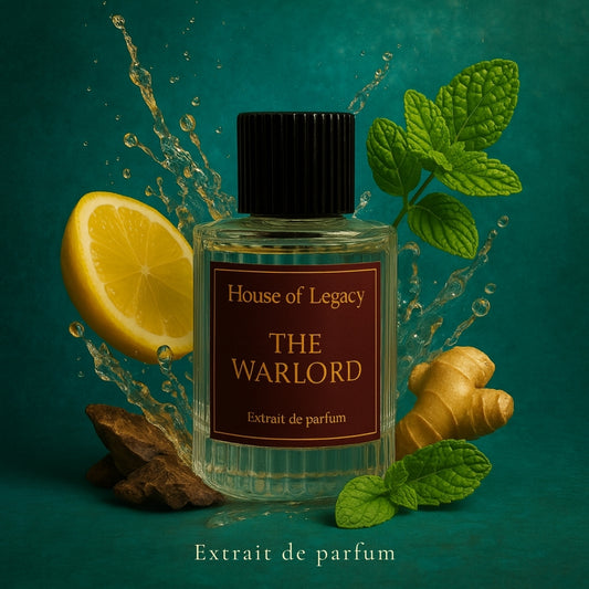 House of Legacy The Warlord perfume bottle with lemon, ginger, and mint leaves on a teal background